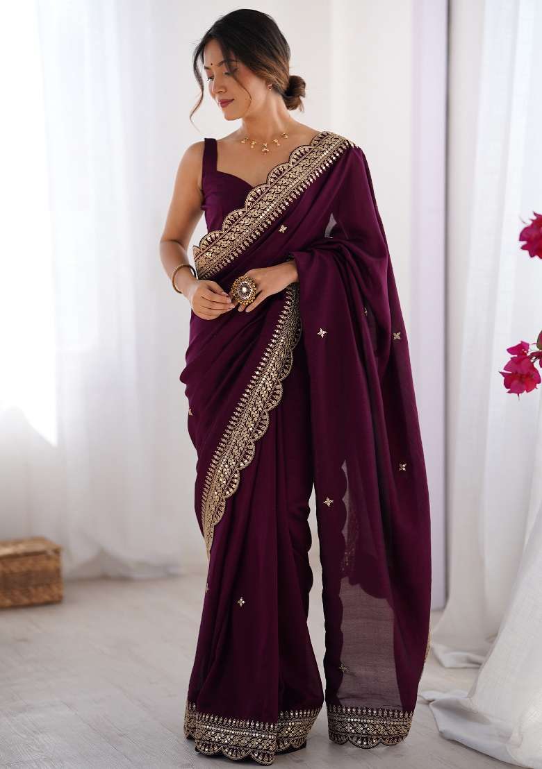 Purple Vichitra Silk Blend Saree Set with Printed for Diwali | Wedding & Festive Wear - Indya
