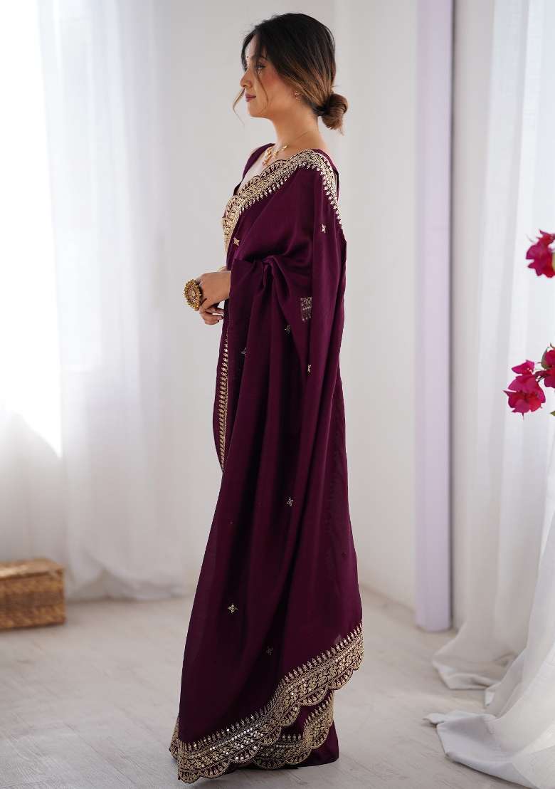 Purple Vichitra Silk Blend Saree Set with Printed for Diwali | Wedding & Festive Wear - Indya