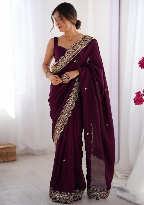 Purple Printed Vichitra Silk Blend Saree Set