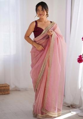 Pink Printed Net Saree Set