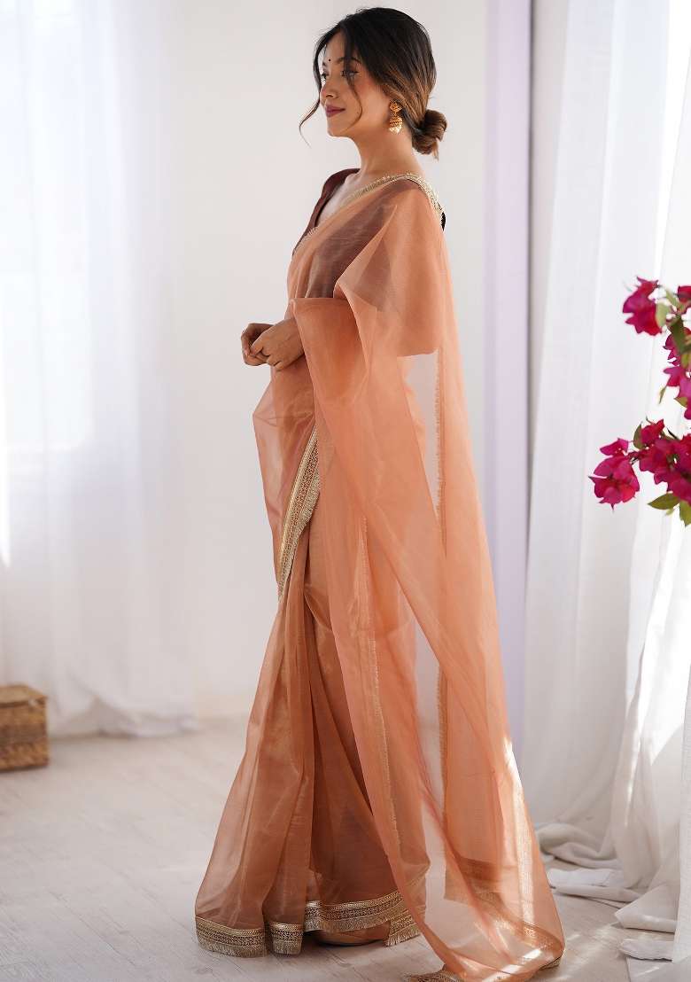 Peach Printed Net Saree Set for Diwali and Festive Wear - Indya