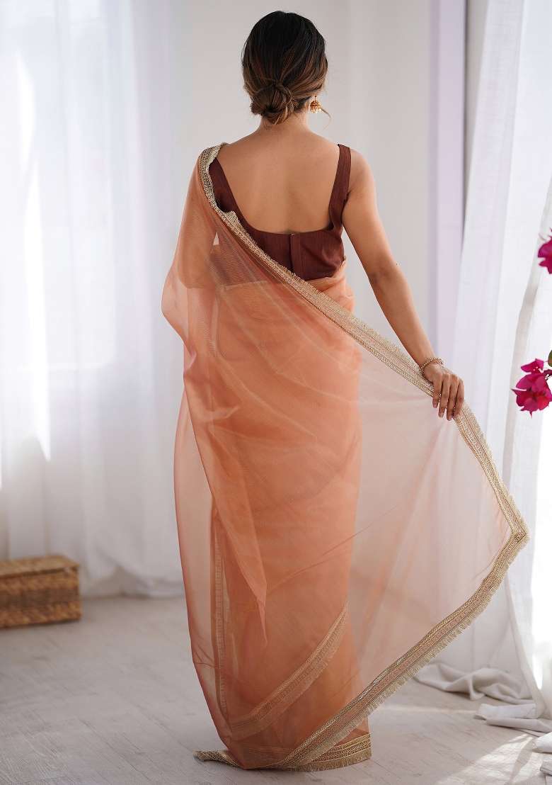 Peach Printed Net Saree Set for Diwali and Festive Wear - Indya