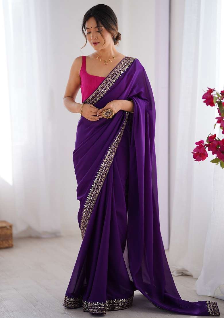 Purple Printed Pure Georgette Saree Set for Diwali and Festive Wear - Indya