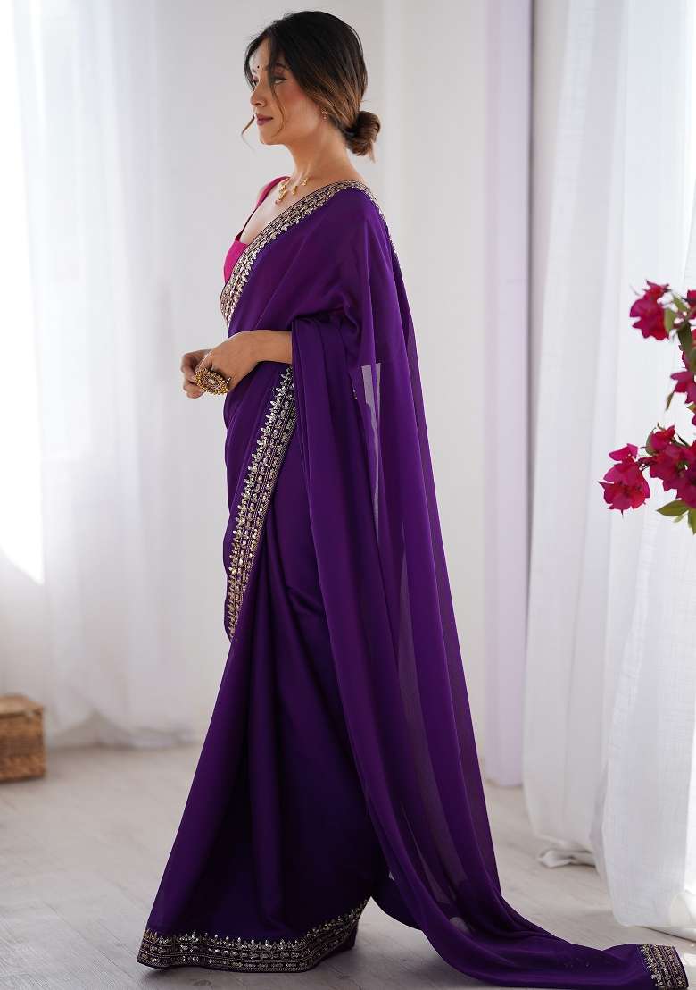 Purple Printed Pure Georgette Saree Set for Diwali and Festive Wear - Indya
