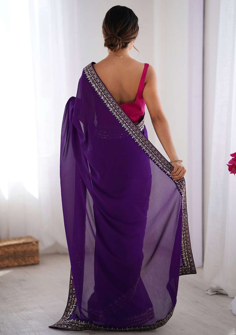 Purple Printed Pure Georgette Saree Set for Diwali and Festive Wear - Indya