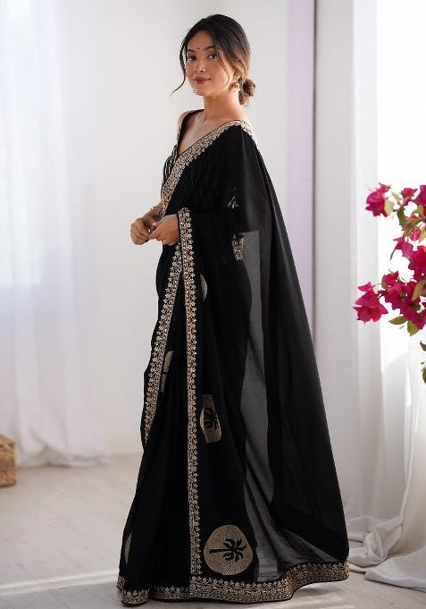 Black Printed Vichitra Silk Saree Set