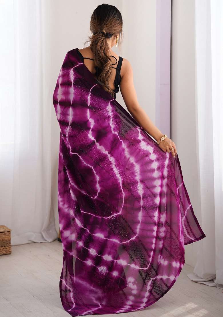 Magenta Printed Georgette Saree Set - Indya