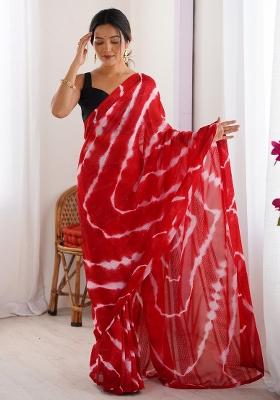 Red Printed Georgette Saree Set