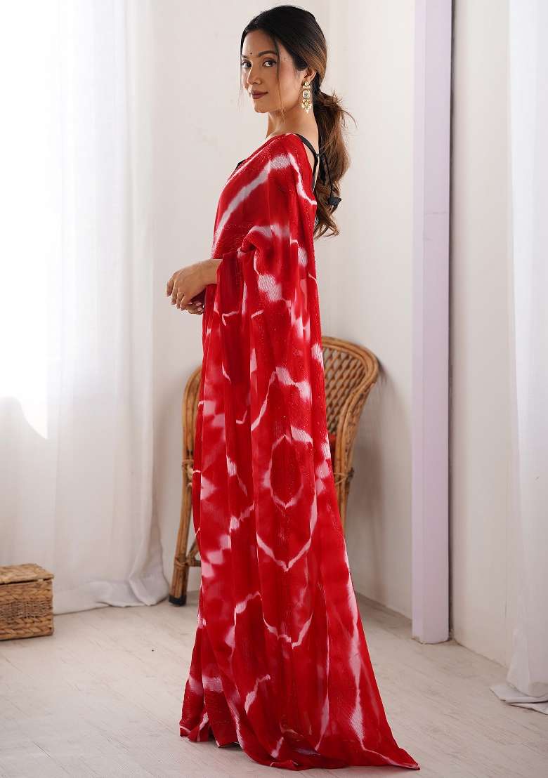 Red Printed Georgette Saree Set - Indya