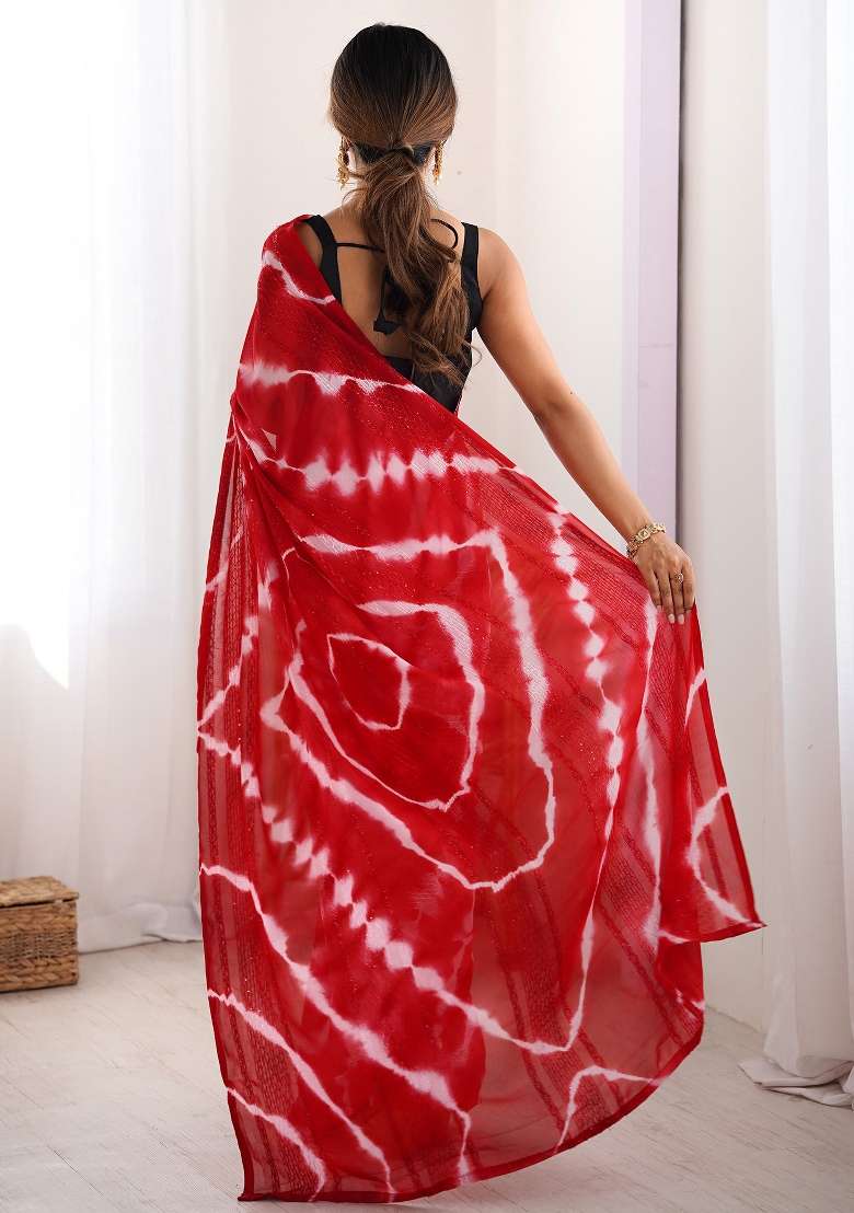 Red Printed Georgette Saree Set - Indya