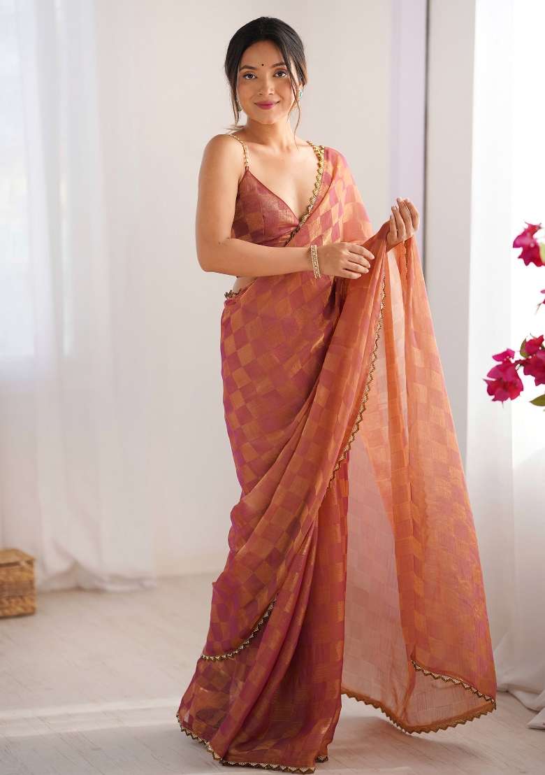 Rust Printed Chiffon Saree Set for Diwali and Festive Wear - Indya