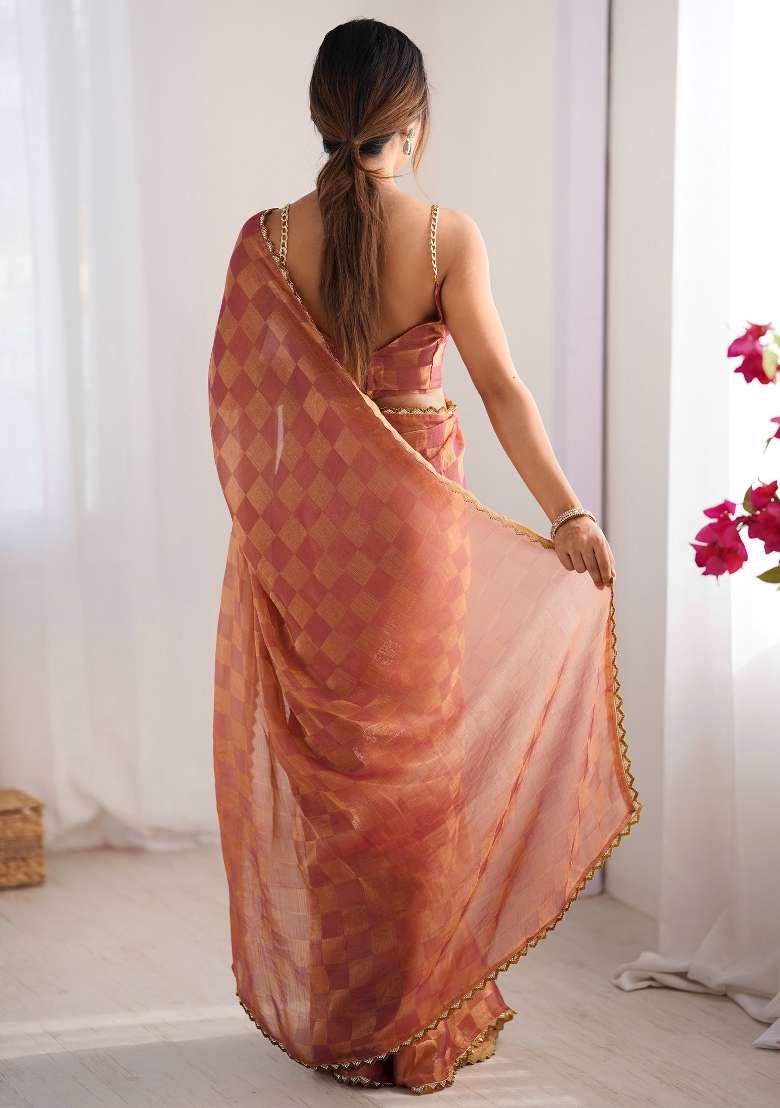 Rust Printed Chiffon Saree Set for Diwali and Festive Wear - Indya
