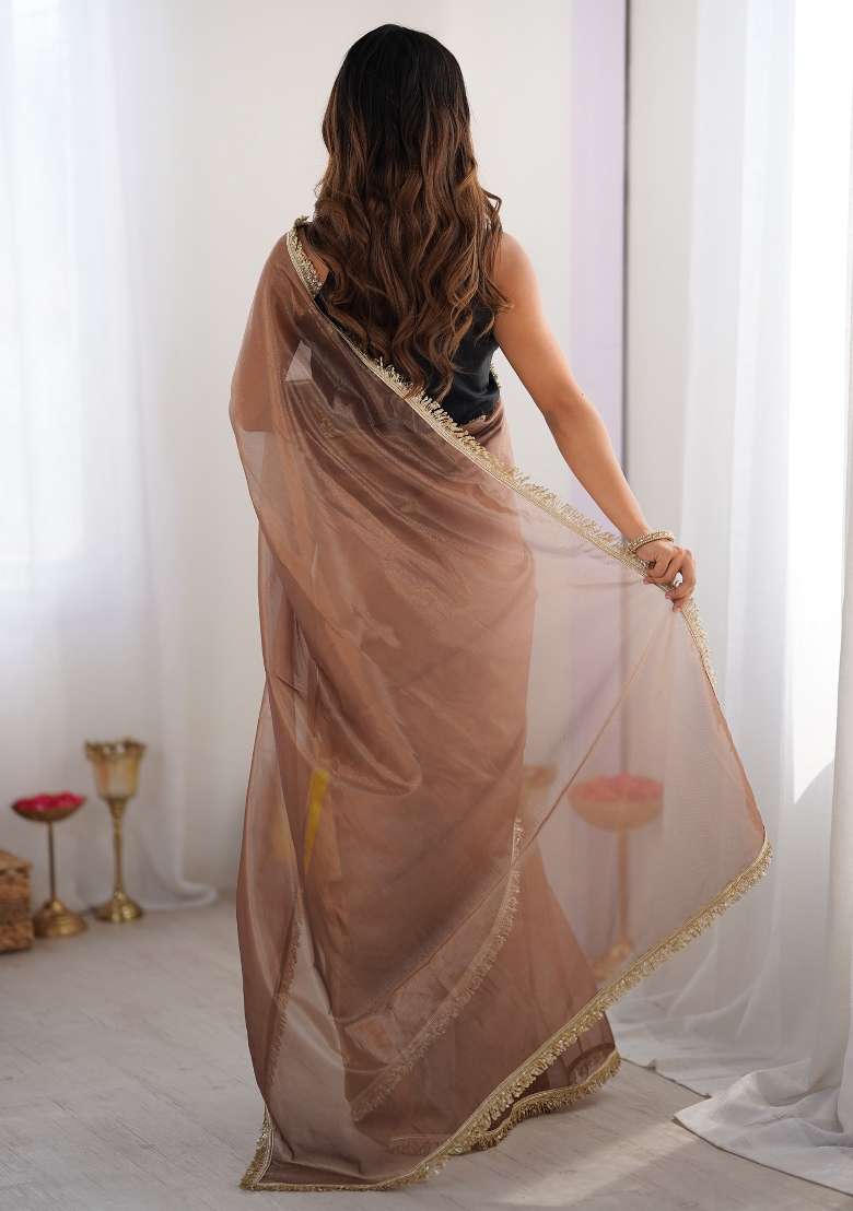 Brown Net Saree Set with Printed for Diwali | Wedding & Festive Wear - Indya