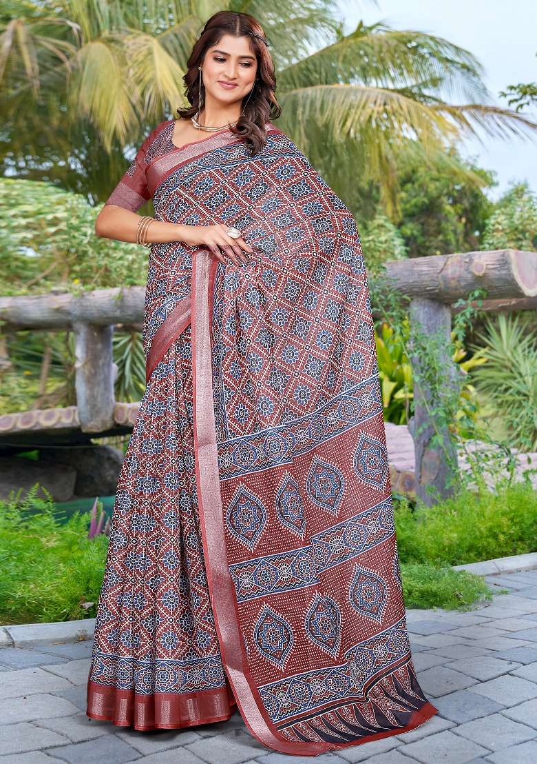 Brown Printed Cotton Linen Saree Set - Indya