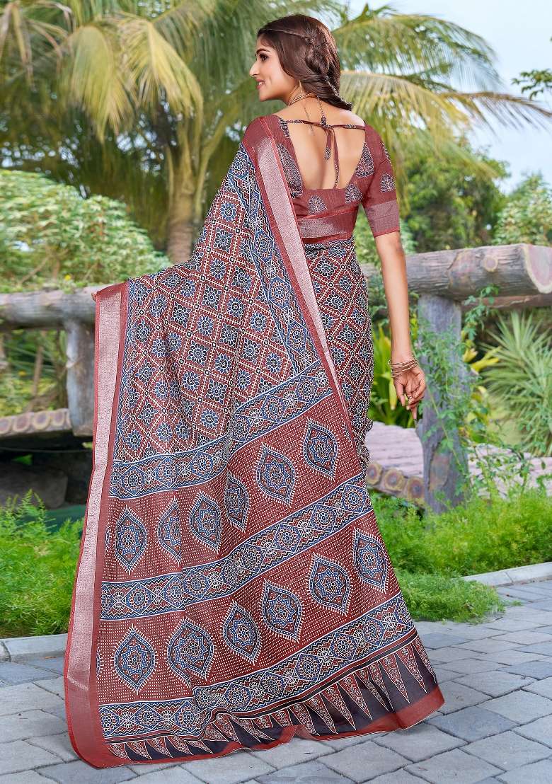Brown Printed Cotton Linen Saree Set - Indya