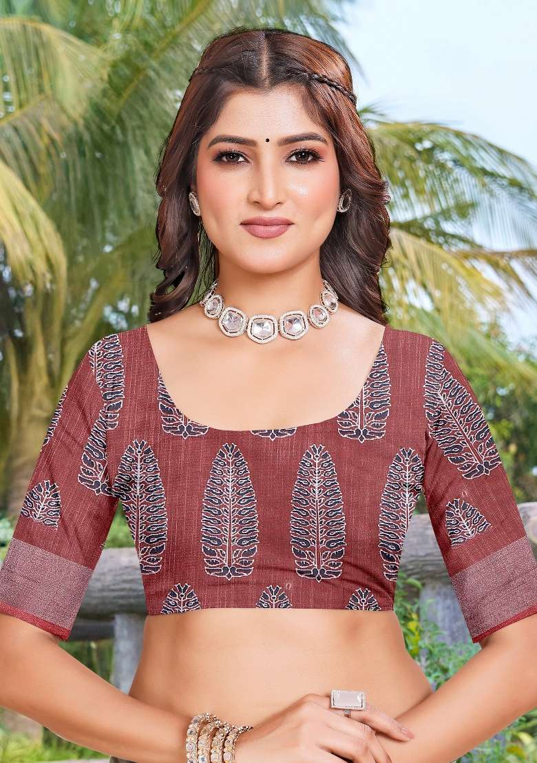 Brown Printed Cotton Linen Saree Set - Indya