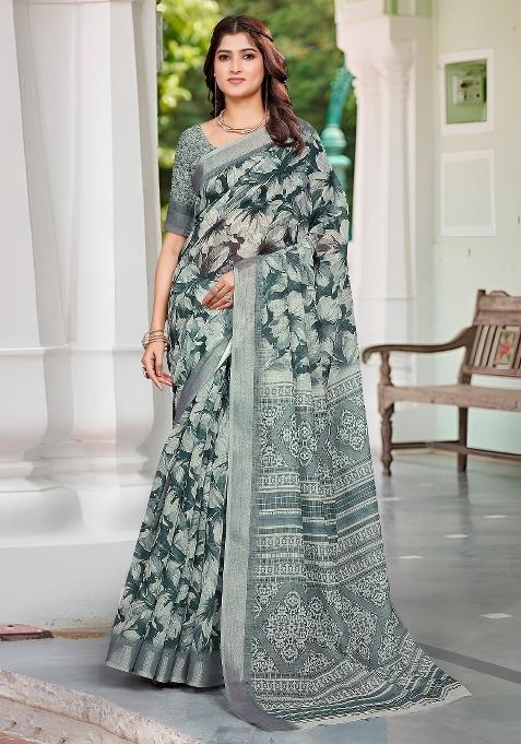 Green Printed Cotton Linen Saree Set — view on Indya