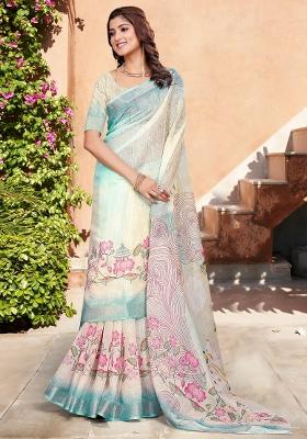 Multicolored Printed Cotton Linen Saree Set