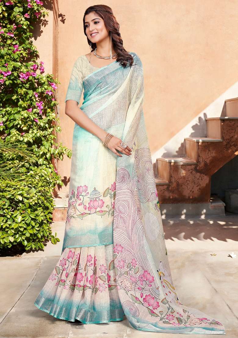 Multicolored Printed Cotton Linen Saree Set for Diwali and Festive Wear - Indya