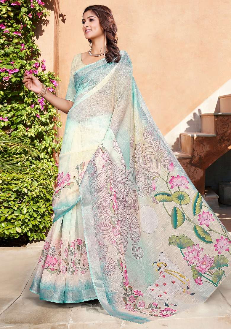 Multicolored Printed Cotton Linen Saree Set for Diwali and Festive Wear - Indya
