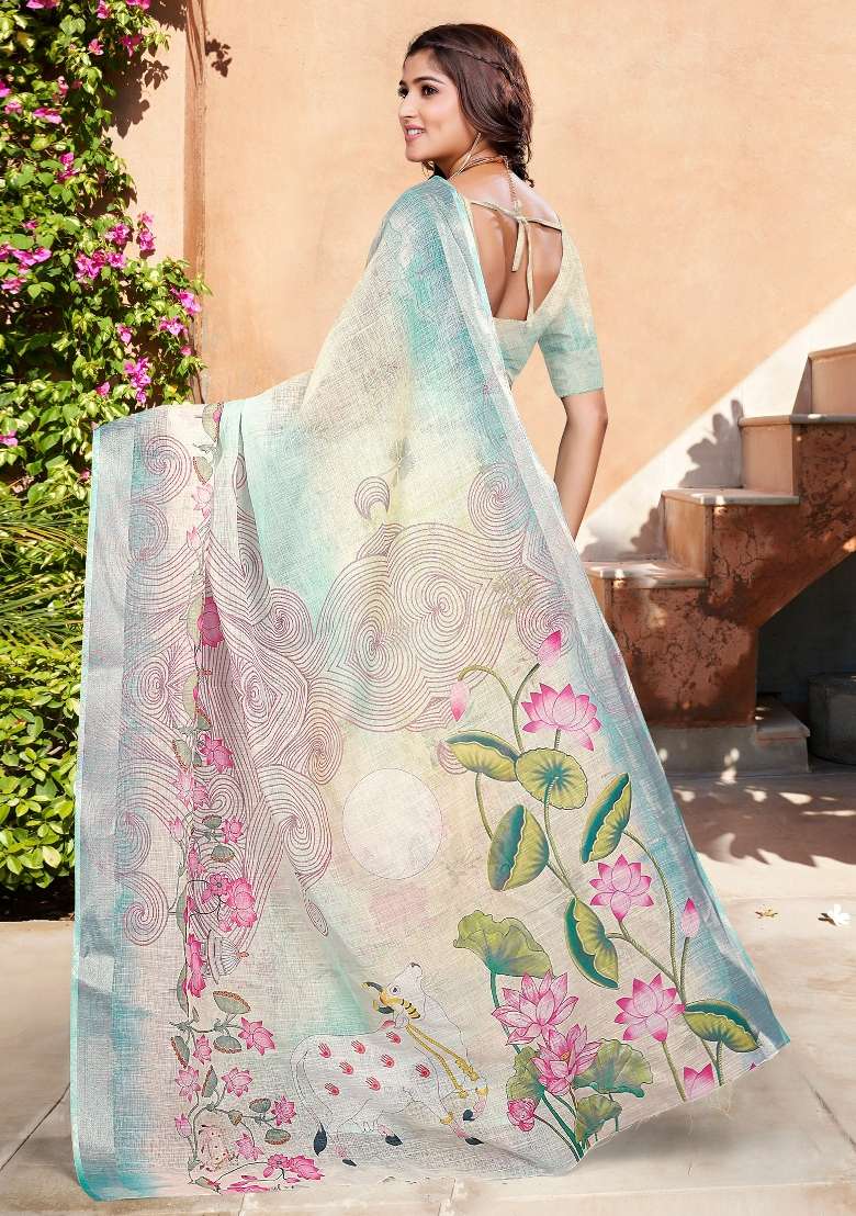 Multicolored Printed Cotton Linen Saree Set for Diwali and Festive Wear - Indya