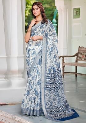 Off White Printed Cotton Linen Saree Set