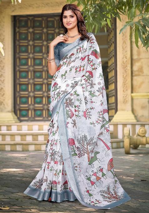 White Printed Cotton Linen Saree Set