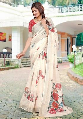 Cream Printed Cotton Linen Saree Set