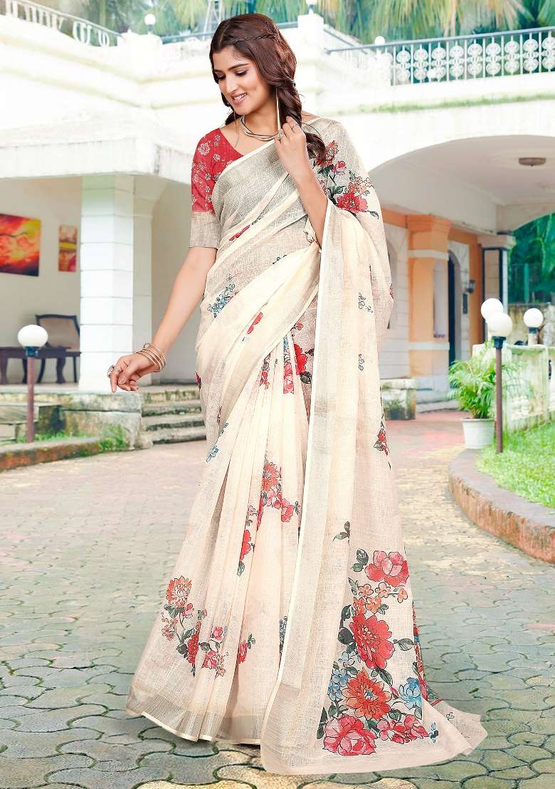 Cream Printed Cotton Linen Saree Set - Indya