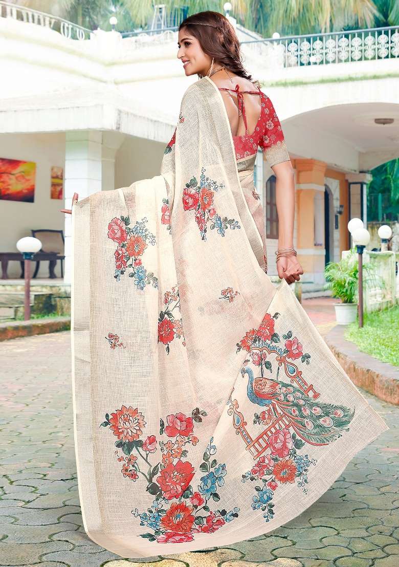 Cream Printed Cotton Linen Saree Set - Indya