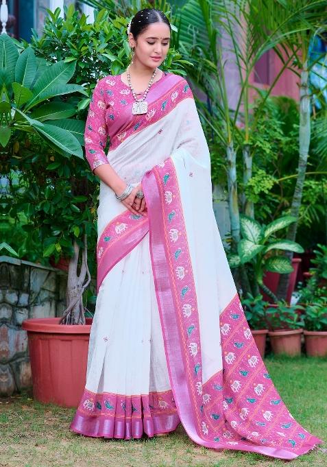 White Printed Cotton Linen Saree Set