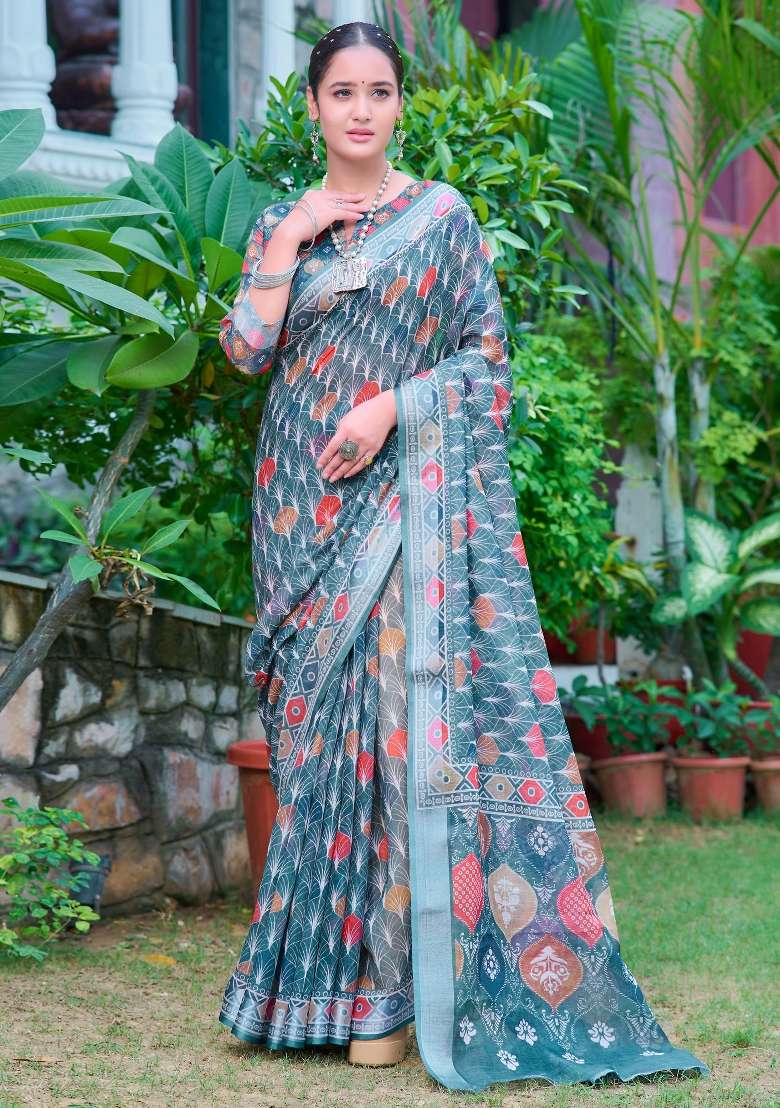 Sea Green Printed Cotton Linen Saree Set - Indya