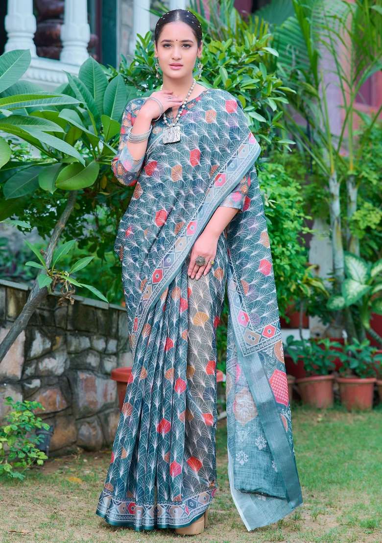 Sea Green Printed Cotton Linen Saree Set - Indya