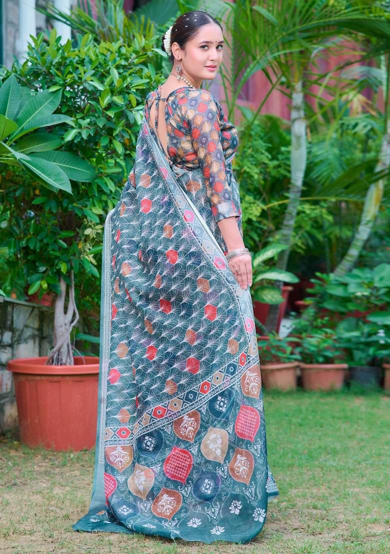 Sea Green Printed Cotton Linen Saree Set - Indya