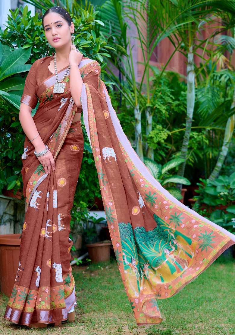 Brown Printed Cotton Linen Saree Set - Indya