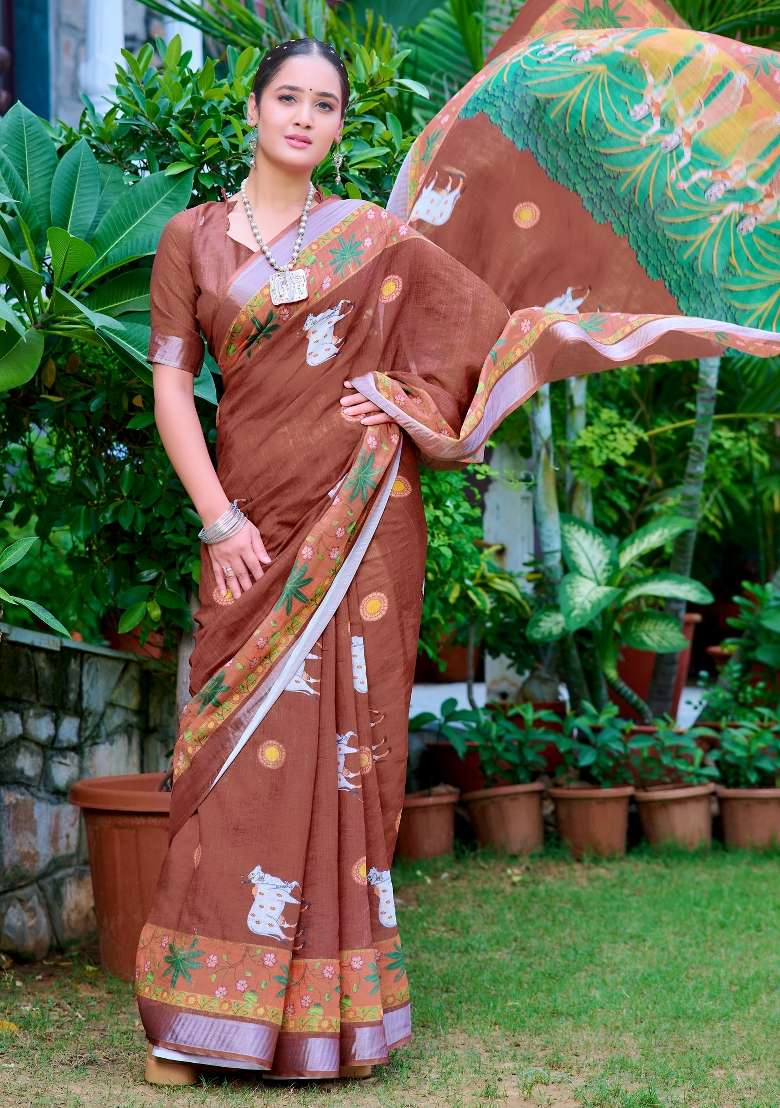 Brown Printed Cotton Linen Saree Set - Indya