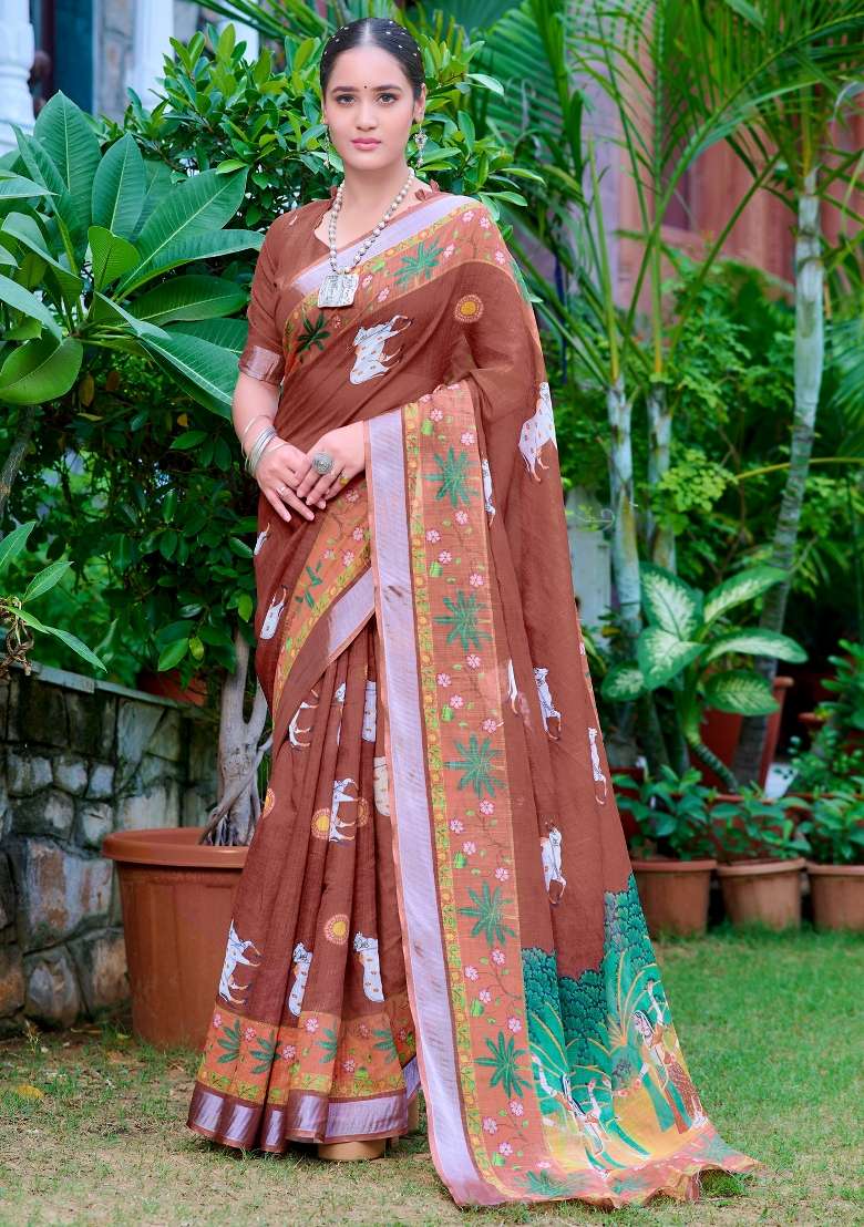 Brown Printed Cotton Linen Saree Set - Indya