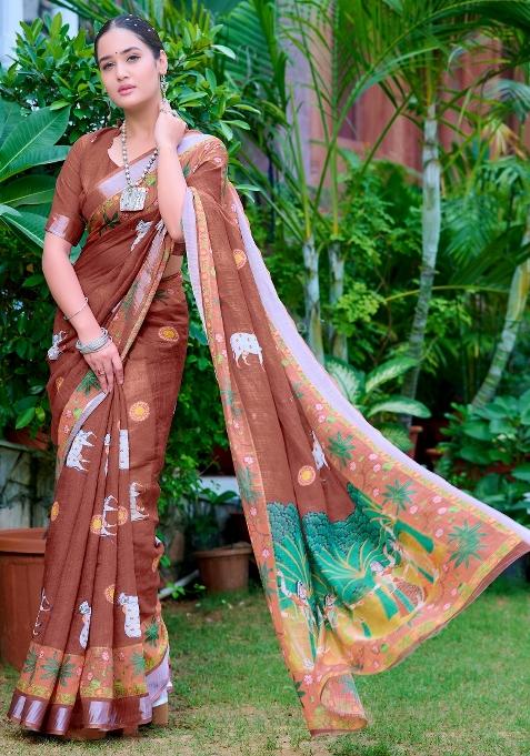 Brown Printed Cotton Linen Saree Set — view on Indya