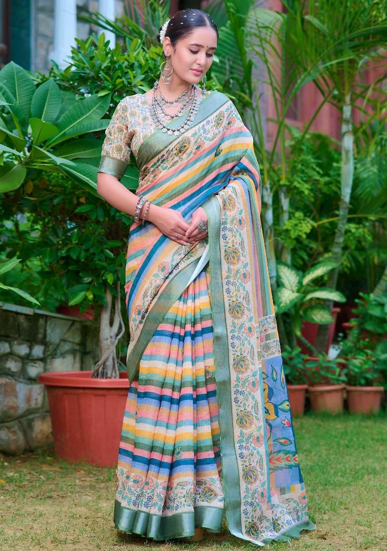 Multicolored Printed Cotton Linen Saree Set - Indya