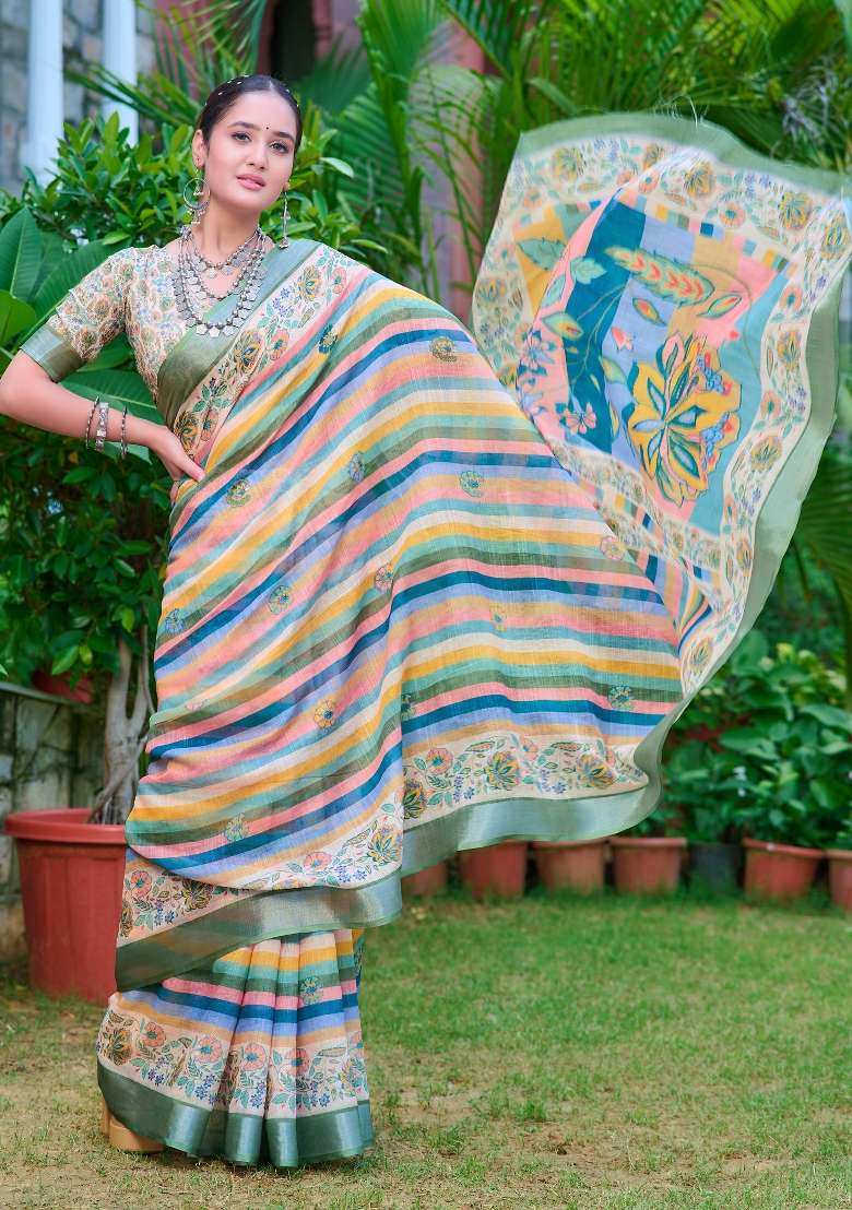 Multicolored Printed Cotton Linen Saree Set - Indya