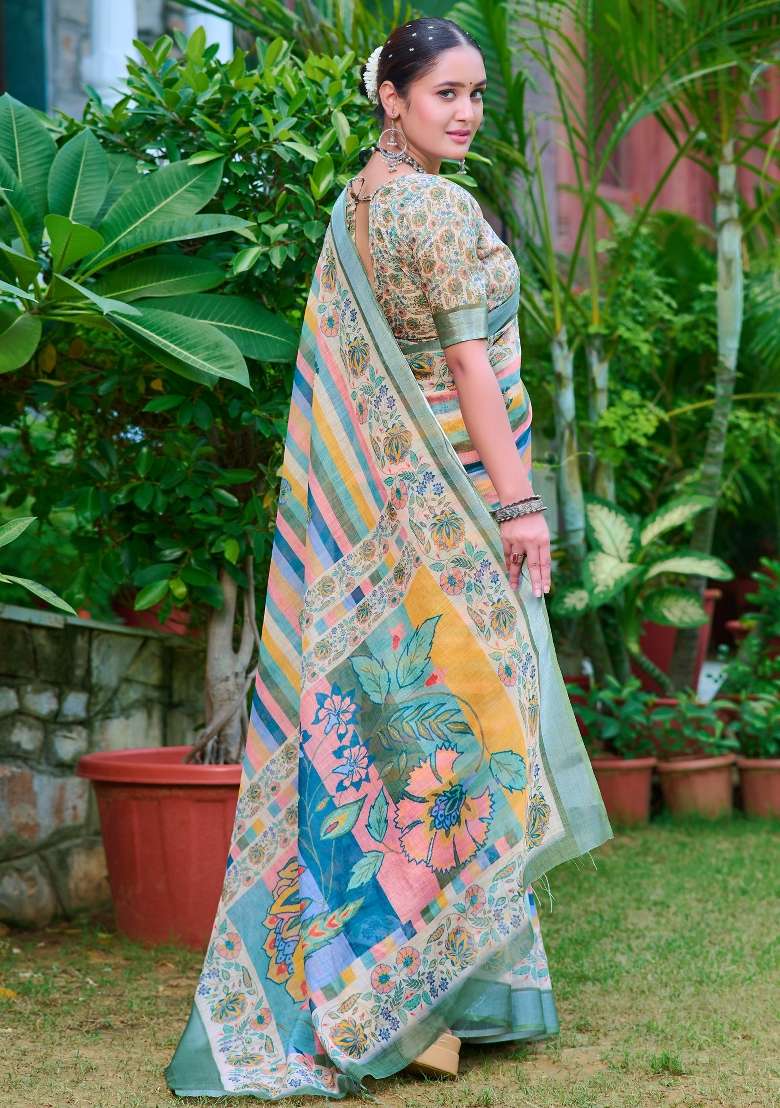 Multicolored Printed Cotton Linen Saree Set - Indya