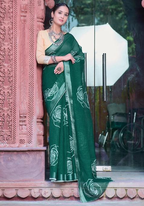 Green Printed Cotton Linen Saree Set — view on Indya