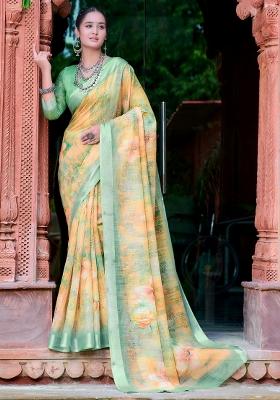 Orange Printed Cotton Linen Saree Set