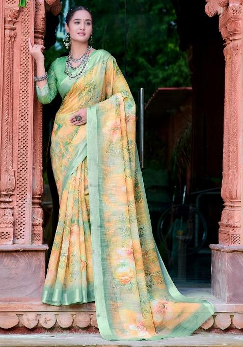 Orange Printed Cotton Linen Saree Set — view on Indya