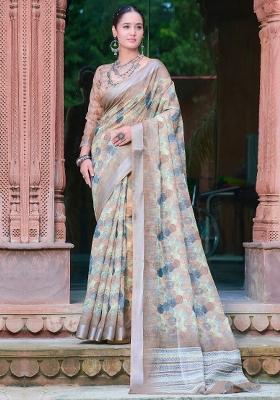 Yellow Printed Cotton Linen Saree Set