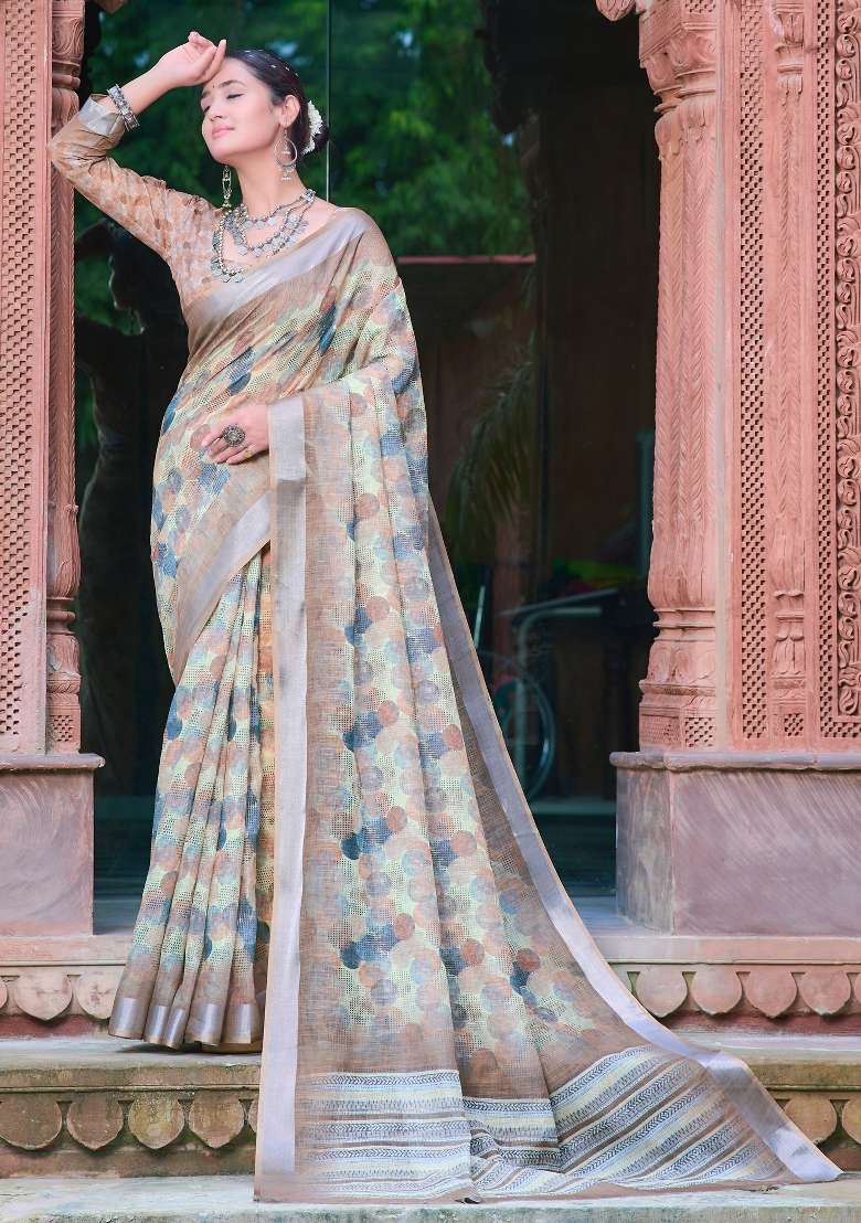 Yellow Printed Cotton Linen Saree Set - Indya