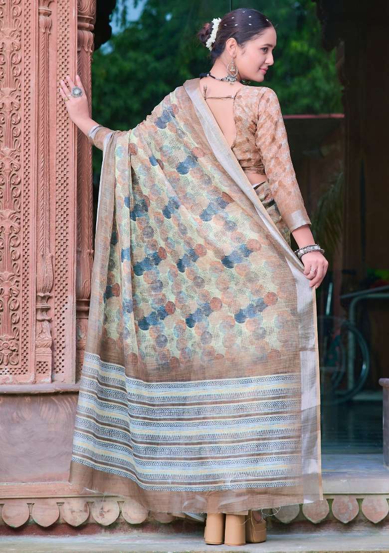 Yellow Printed Cotton Linen Saree Set - Indya