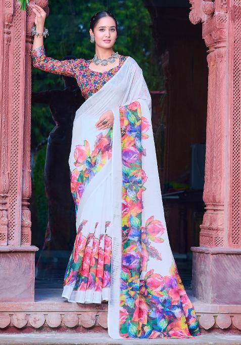 White Printed Cotton Linen Saree Set