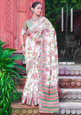 Off White Printed Cotton Linen Saree Set