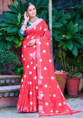 Red Printed Cotton Linen Saree Set